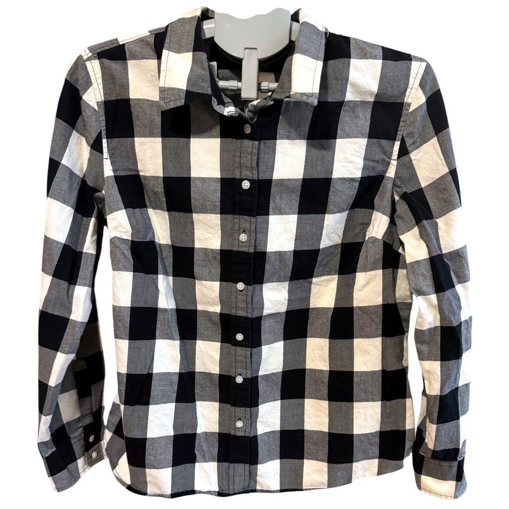 Black White Plaid Button-Up Shirt‎ Women's Medium Cotton Work Blouse Talbots EUC